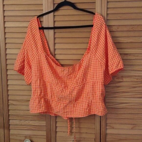 Louna Orange Gingham Print Square Off Shoulder Neckline Puffy Sleeve Tie Top L - Picture 2 of 6
